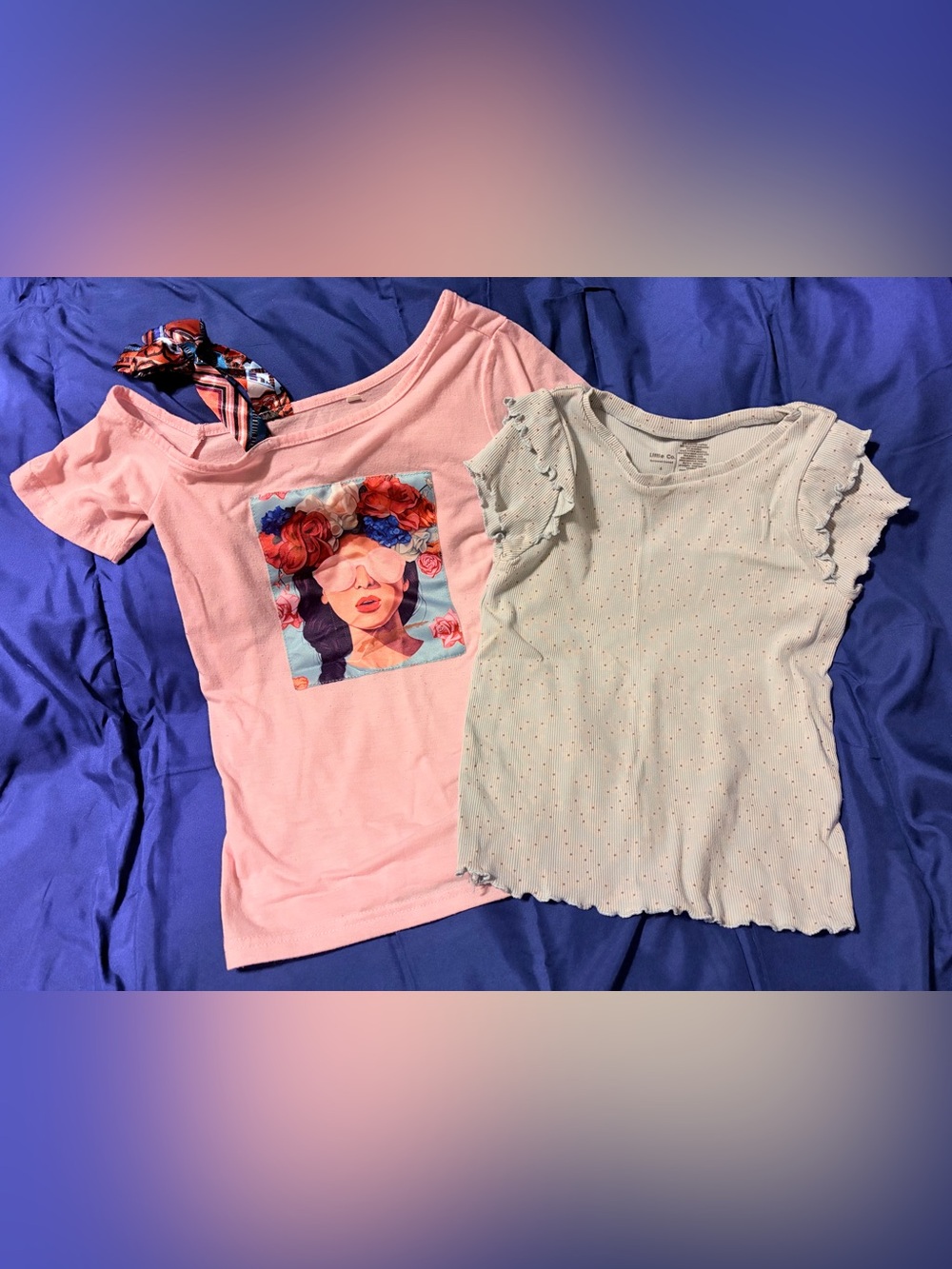 Girls' Pink Graphic Short Sleeve Tee & Light Blue Ruffle Sleeve Tee - Set